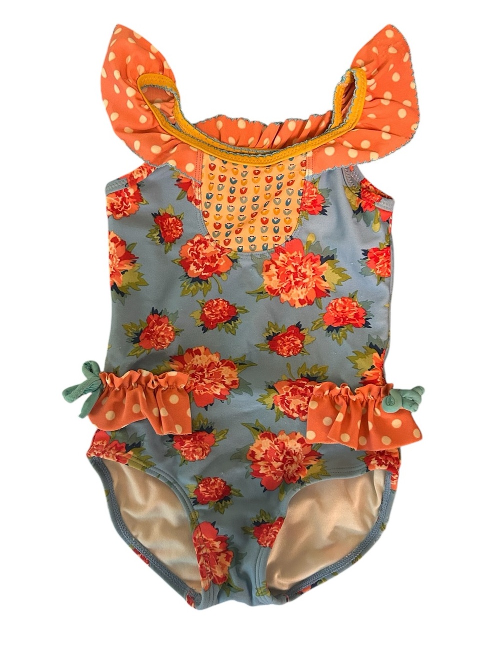 Matilda Jane 18-24 Month One Piece Swimsuit Blue Floral Pink Polka Dot Ruffles